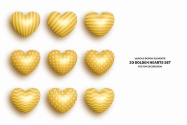 Realistic 3d various patterned golden heart set vector