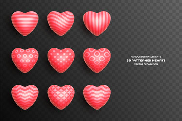 realistic 3d various patterned red heart set vector image