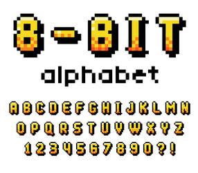pixel 8 bit font and alphabet letters numbers vector image