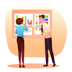man woman discussing graphs charts on dashboard vector image