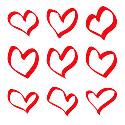 Set red hand drawn hearts on white background Vector Image