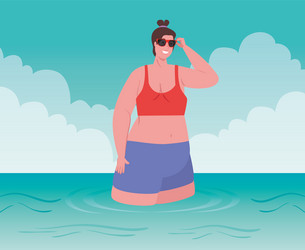 Cute plump women with swimsuit on beach group Vector Image