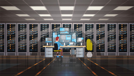 man working in data center room hosting server vector image