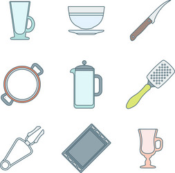 Various color outline dinnerware icons set vector