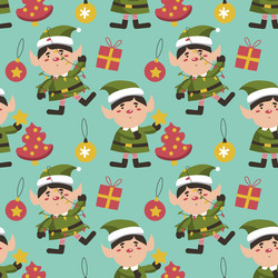 Christmas tree and elf with gift seamless pattern vector