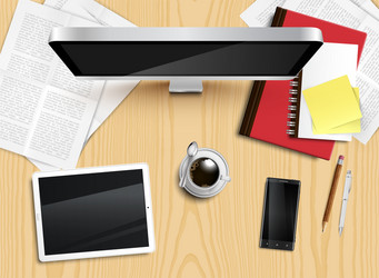 realistic office desk with different objects vector image
