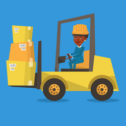 Warehouse worker moving load by forklift truck vector