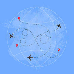 Globe world with aircrafts and their tracks vector