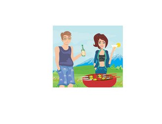 Couple outdoor grilling meat vector