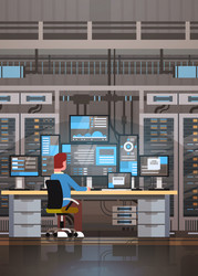 Man working in data center room hosting server vector