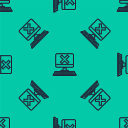 blue line computer with keyboard and x mark icon vector image