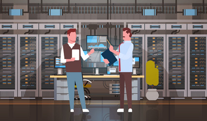 people working in data center room hosting server vector image