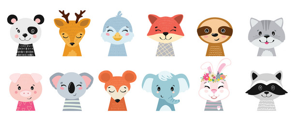 Adorable Animal Head Set Vector Image