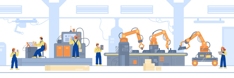 robotic line with robot arms and conveyor belt vector image