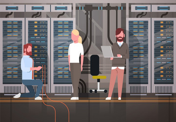 People working in data center room hosting server vector