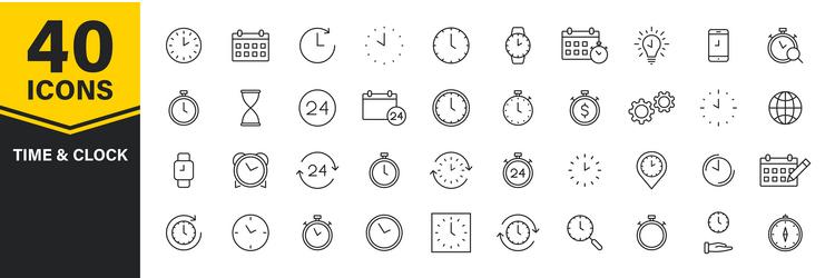 Set of 40 time and clock web icons in line style vector