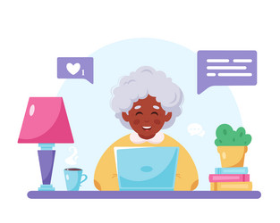 Grandma sitting with laptop old black woman using vector