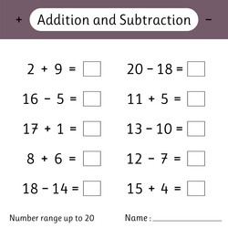 addition and subtraction number range up to 20 vector