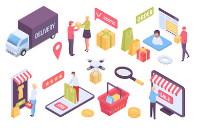 isometric e-commerce customers shopping in online vector