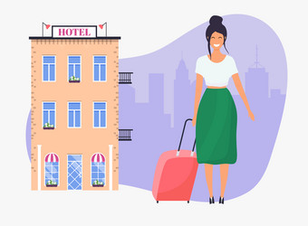 girl with travel bag hotel facade on background vector