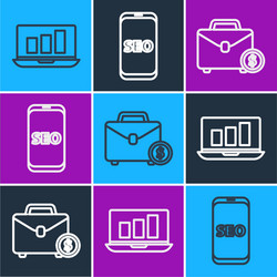 set line laptop with graph chart briefcase vector image