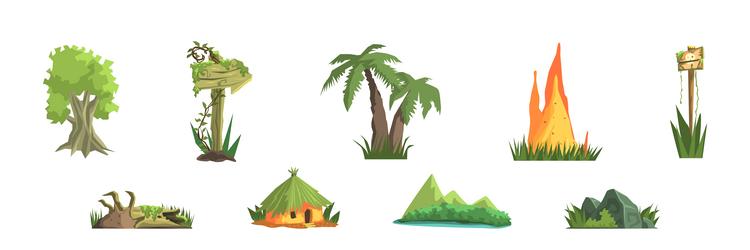 Jungle landscape elements for video game flat vector