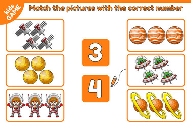 math game match space objects with correct number vector image