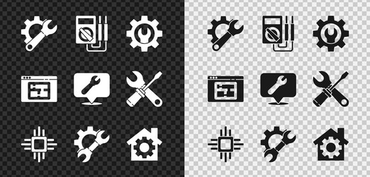 set wrench spanner and gear multimeter processor vector image