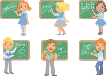 Kids writing on blackboard set vector