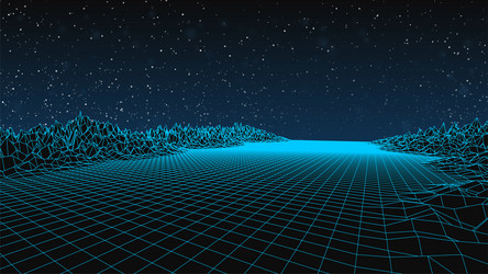 Retro future landscape wireframe terrain dark sky Vector Image