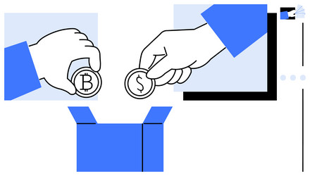hands placing bitcoin and dollar coins into box vector image