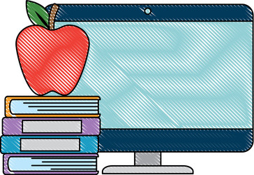 pile text books with apple and computer vector image