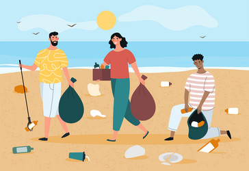 People cleaning beach vector