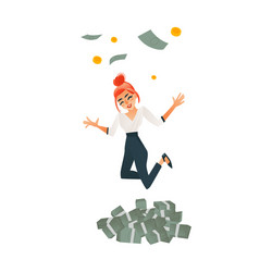 Celebration: Woman Jumping in Money Rain Vector Image