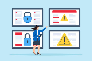 flat of cybersecurity analyst monitoring multiple vector image