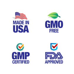 Four product badges made in usa gmo gmp fda vector