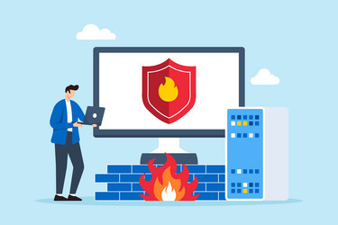 flat of engineer setting up firewall on server vector image