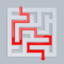 3d maze with red path top view vector