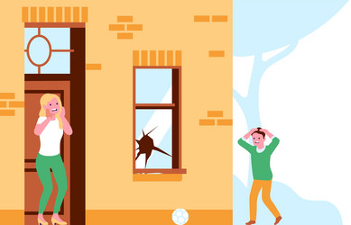 frightened boy breaking window with ball mother vector