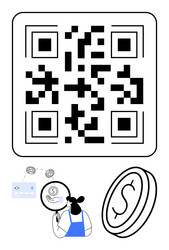 qr code with female character using magnifying vector image