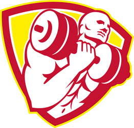 Bodybuilder lifting dumbbell shield retro vector