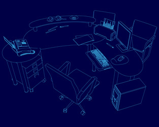 blue drawing of a desk with computer keyboard vector image