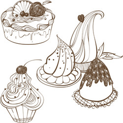 Cakes with cherries and strawberries outline Vector Image