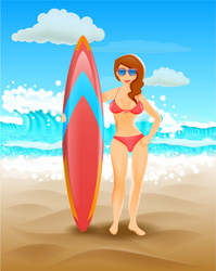 Cute girl holding a surfboard on sunny beach vector