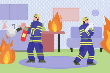 firefighters fighting fire in house flat cartoon vector