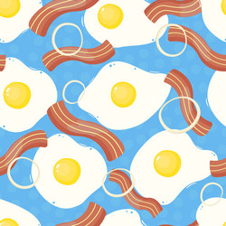 fried eggs with bacon and onion pattern on a blue vector