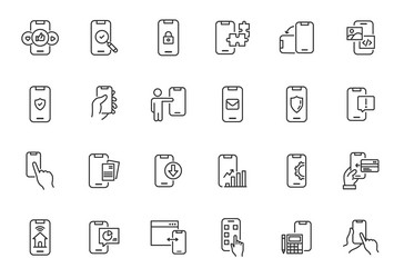 mobile app hand hold phone line icon thin vector