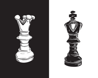 queen and king chess piece in the sketch style vector