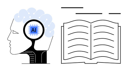 human brain with ai circuitry next to an open book vector image