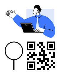 professional analyzing data on laptop with qr code vector image